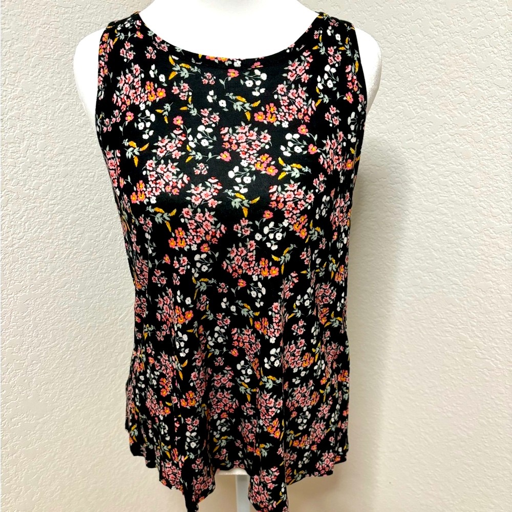 LOFT Black Sleeveless Top with Pretty Floral Pattern